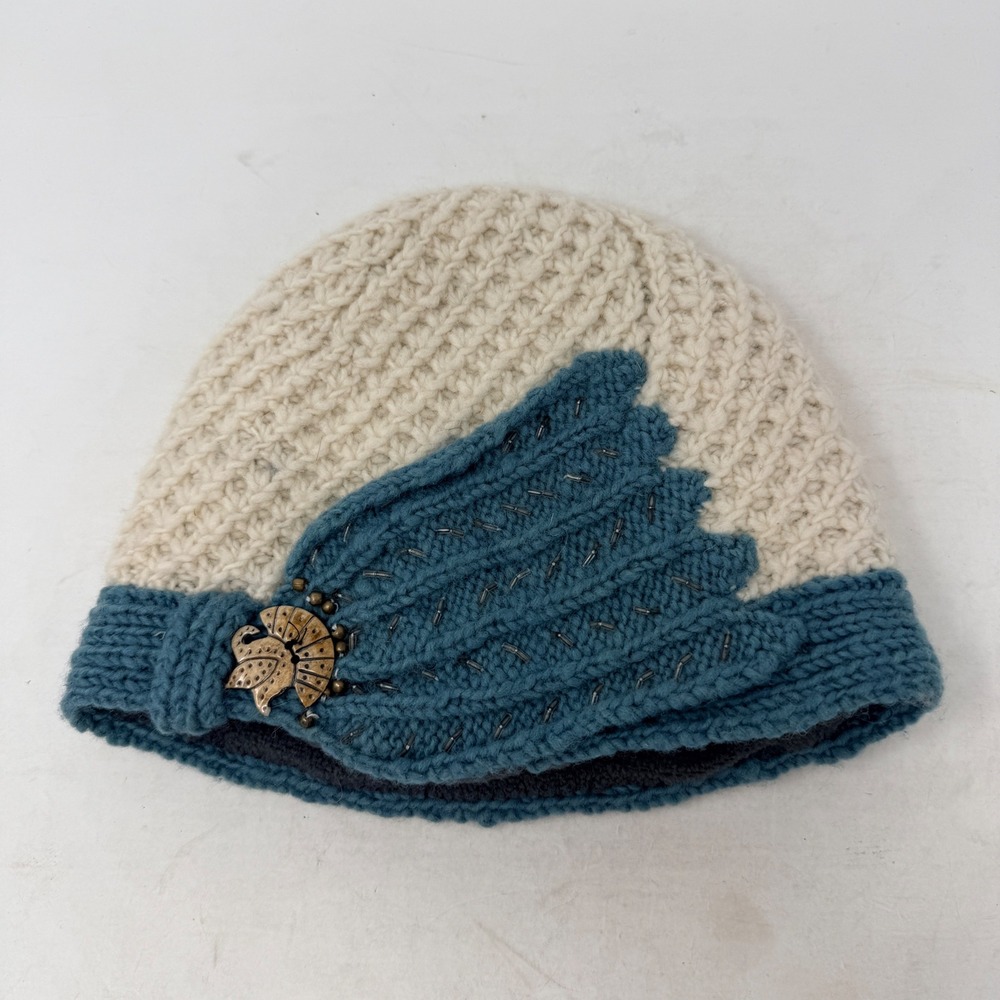 French Knot Wool Beanie Hat Teal Cream Beaded Fleece Lined Handmade Nepal Womens
